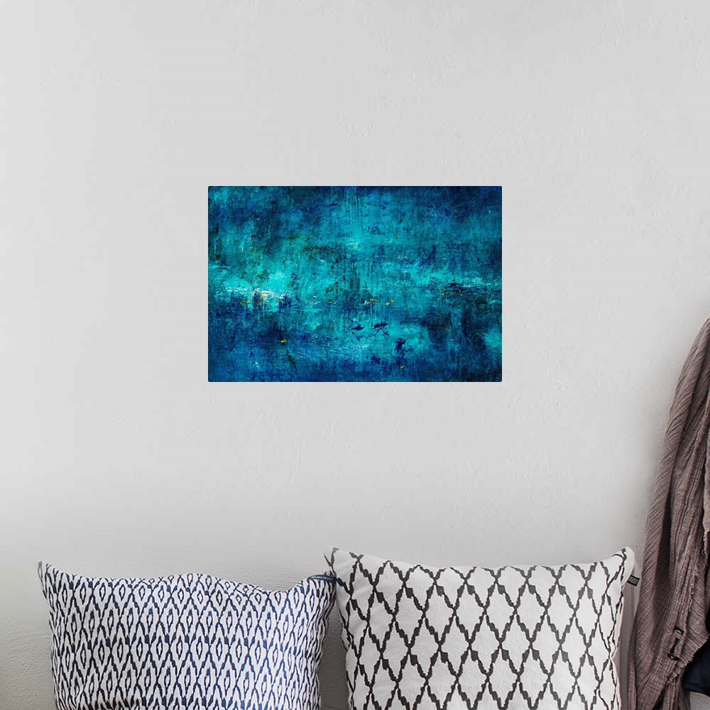 A bohemian room featuring Cool toned abstract painting of deep colors on a grungy background.