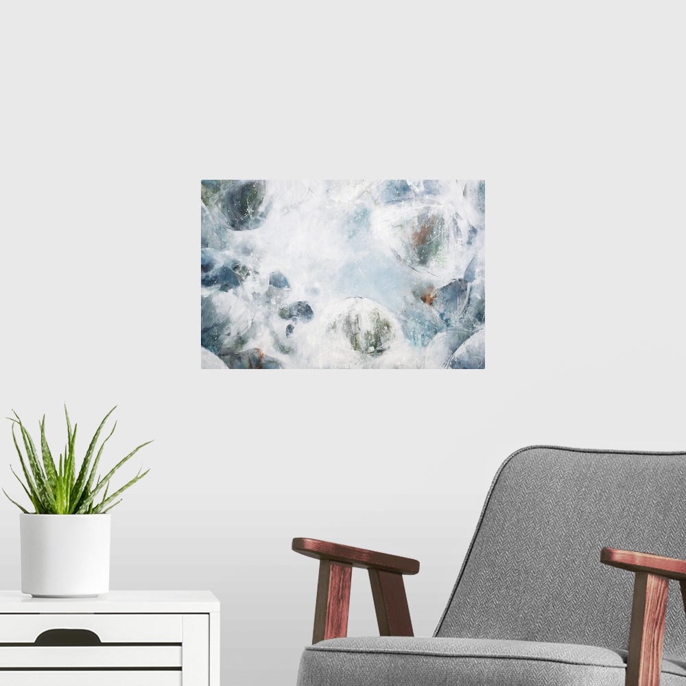 A modern room featuring Contemporary abstract painting of what looks like fluffy clouds in a pale blue sky.