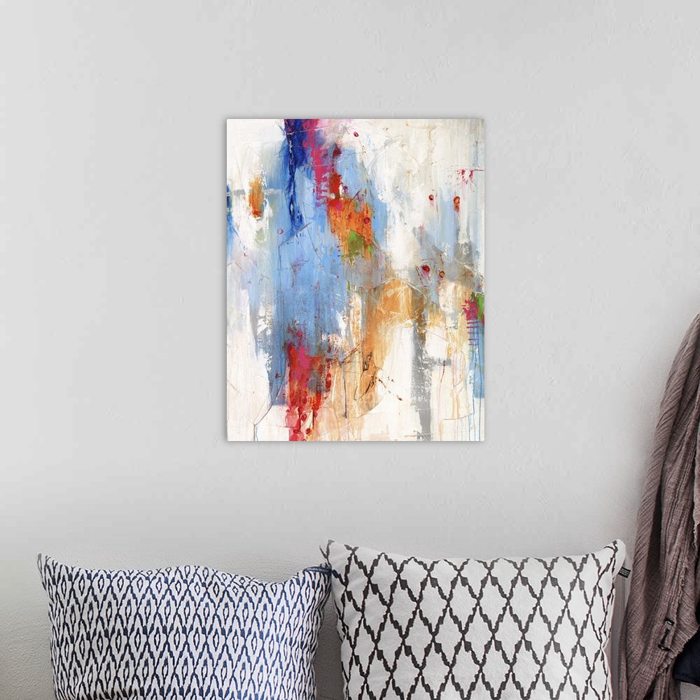 A bohemian room featuring Contemporary abstract painting using bright colors.