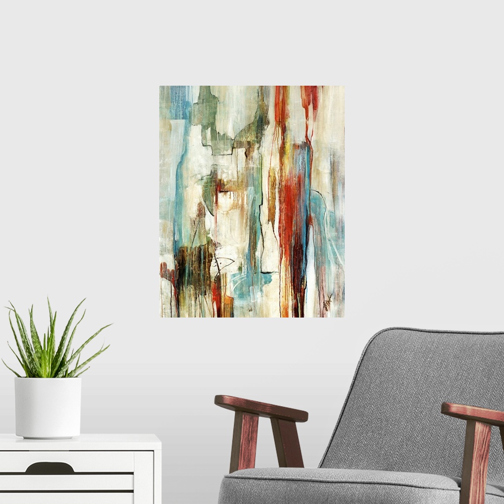 A modern room featuring A large abstract piece with muted colors that move in a vertical direction and drip down toward t...