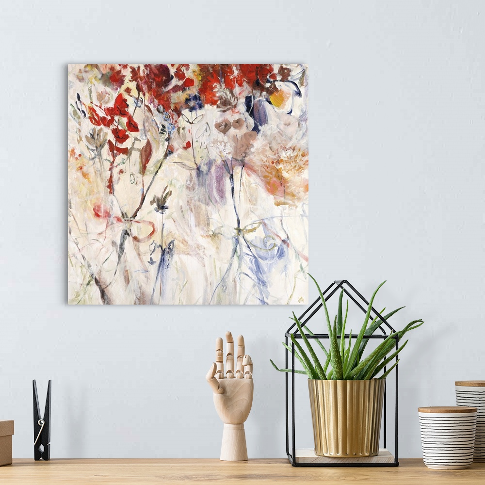 A bohemian room featuring Contemporary painting of various florals and stems in many colors, scattered onto a light earthy ...