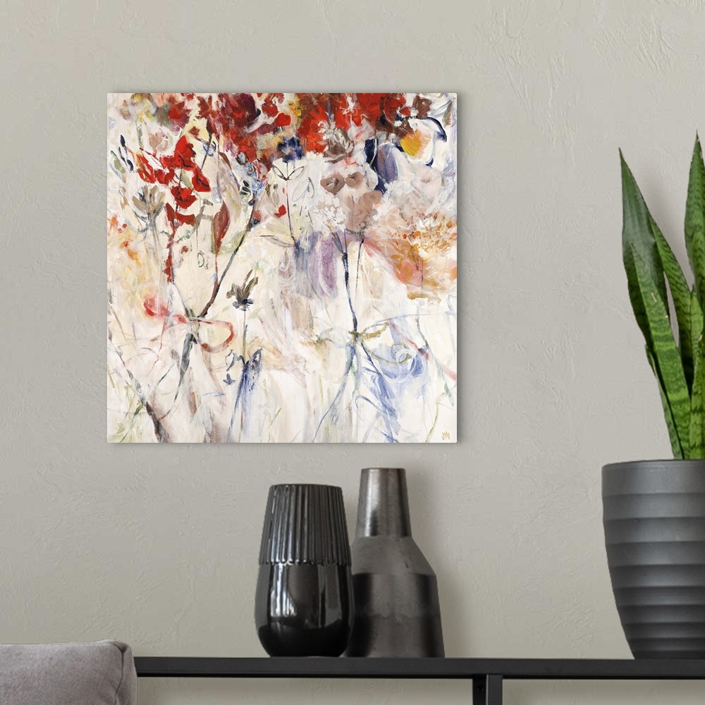 A modern room featuring Contemporary painting of various florals and stems in many colors, scattered onto a light earthy ...
