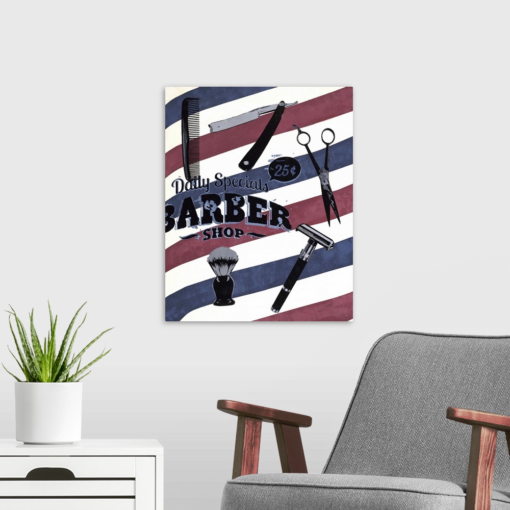 A modern room featuring A contemporary painting of a red white and blue striped barber background with hair cutter and sh...