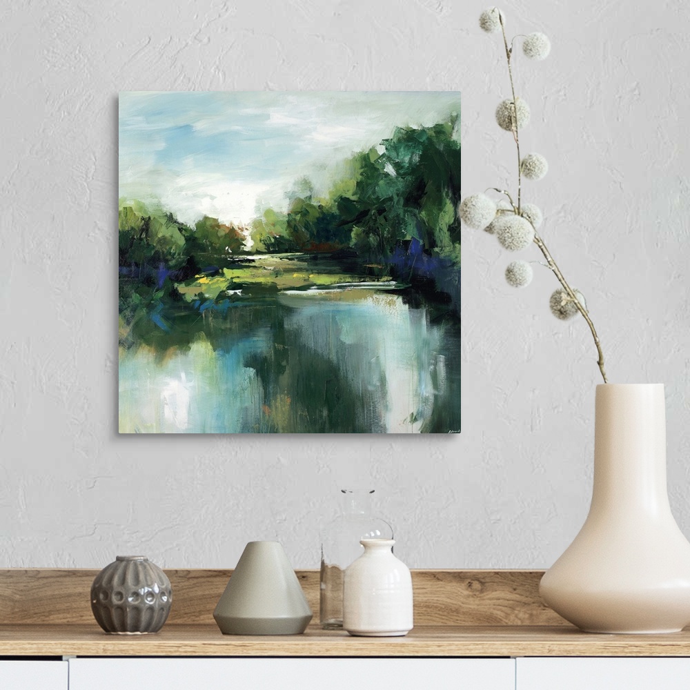 A farmhouse room featuring Landscape painting in thick sweeping brushstrokes of a calm pond in front of a grove of lush tree...
