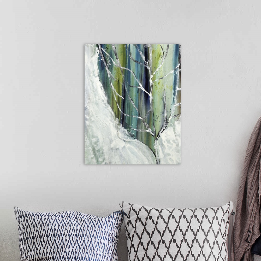 A bohemian room featuring Abstract painting with a frozen tree branch in the foreground with white sides and a green, brown...