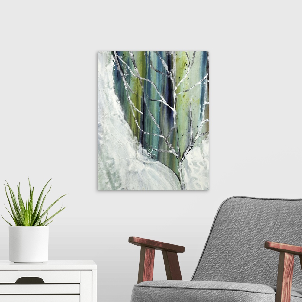 A modern room featuring Abstract painting with a frozen tree branch in the foreground with white sides and a green, brown...