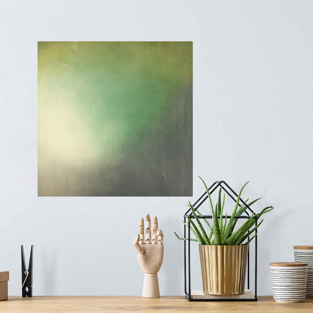 A bohemian room featuring Contemporary abstract painting using tones of green to create depth.