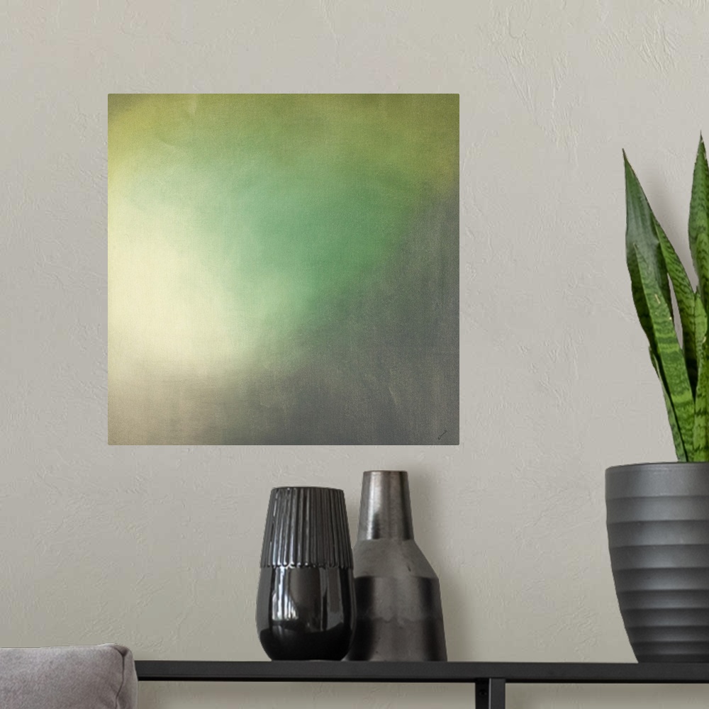 A modern room featuring Contemporary abstract painting using tones of green to create depth.