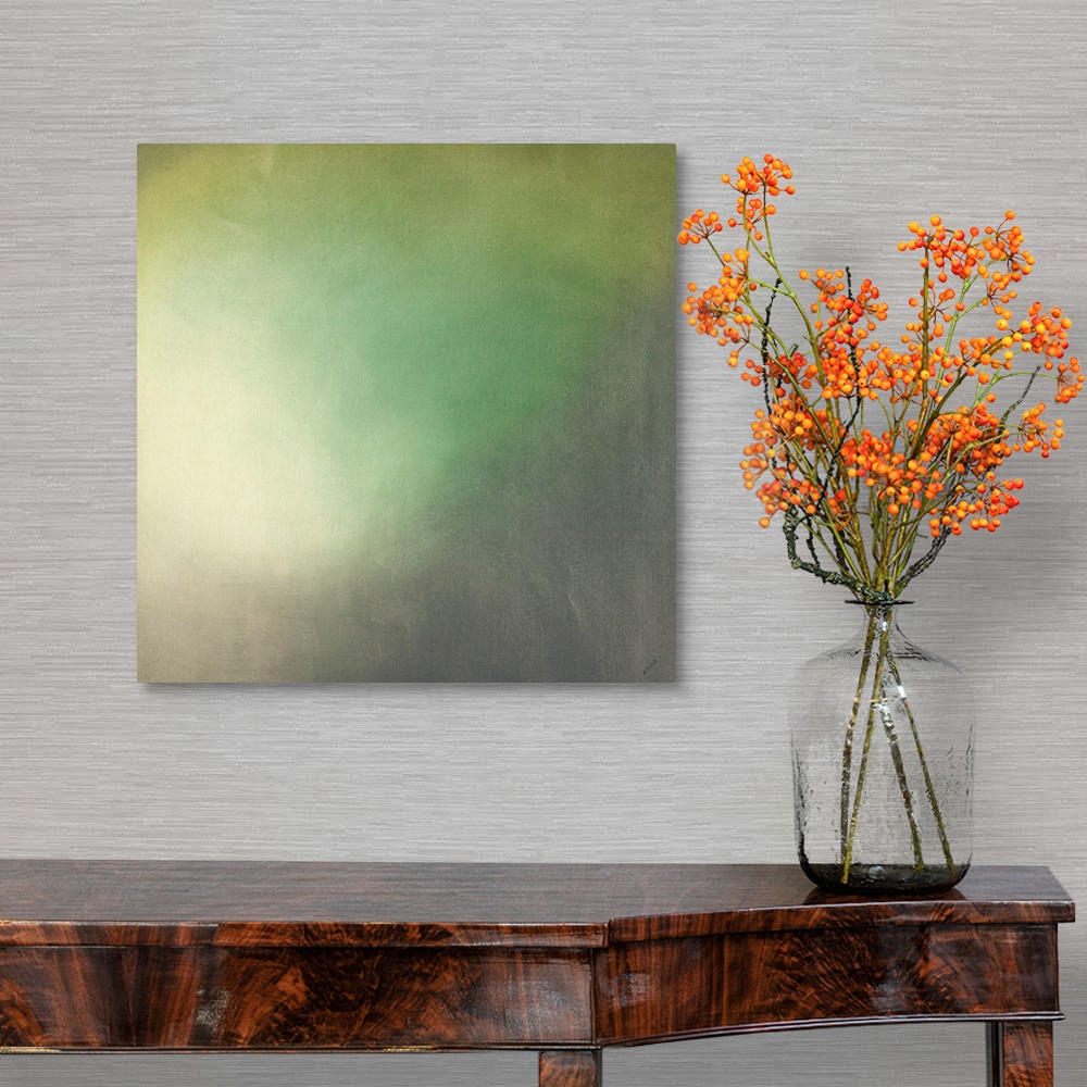 A traditional room featuring Contemporary abstract painting using tones of green to create depth.