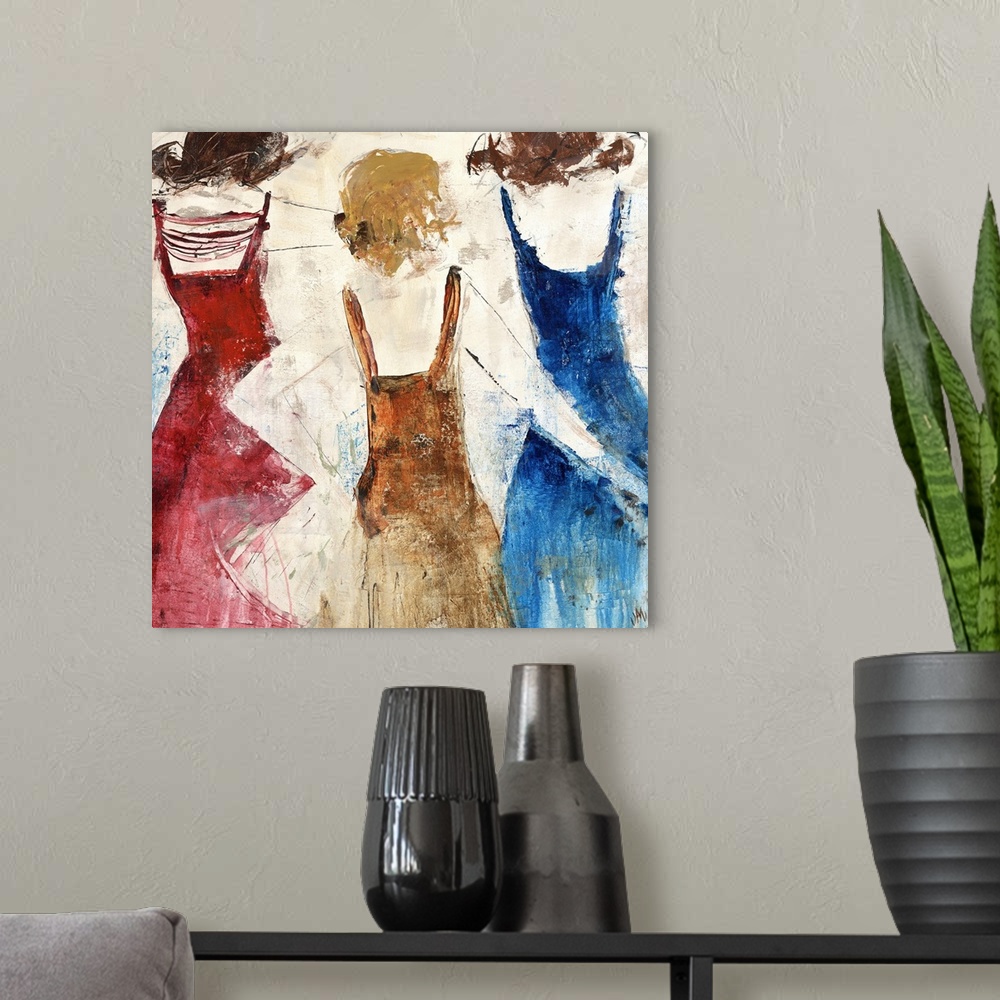 A modern room featuring Contemporary painting of three women in colorful dresses with backs facing viewer.