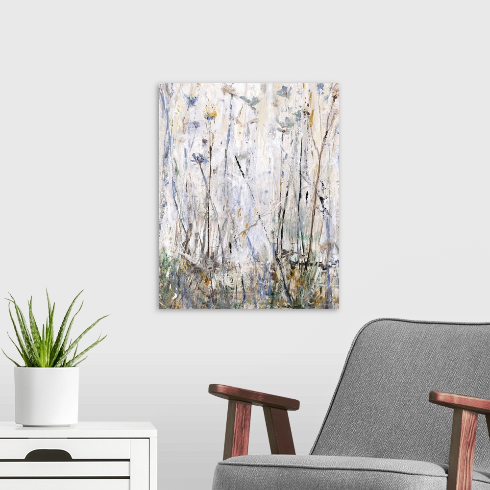 A modern room featuring Contemporary abstract painting with long, thin, brown, blue, emerald green, and gold brushstrokes...