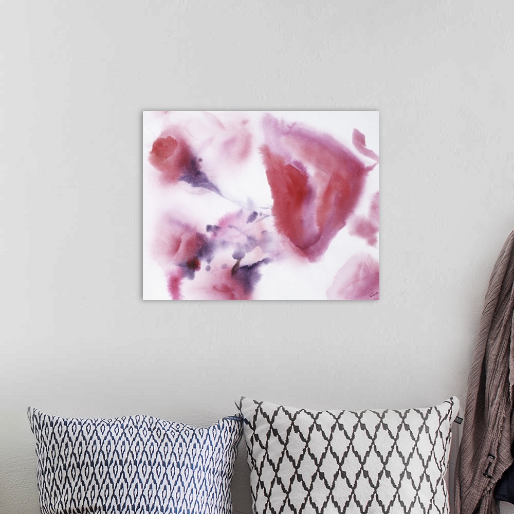 A bohemian room featuring A contemporary watercolor painting of fuchsia blooms with purple stems.