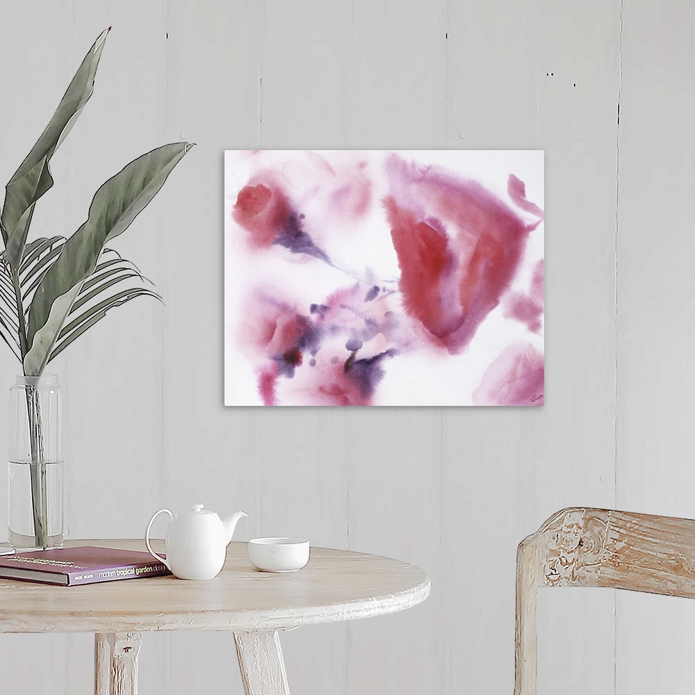 A farmhouse room featuring A contemporary watercolor painting of fuchsia blooms with purple stems.
