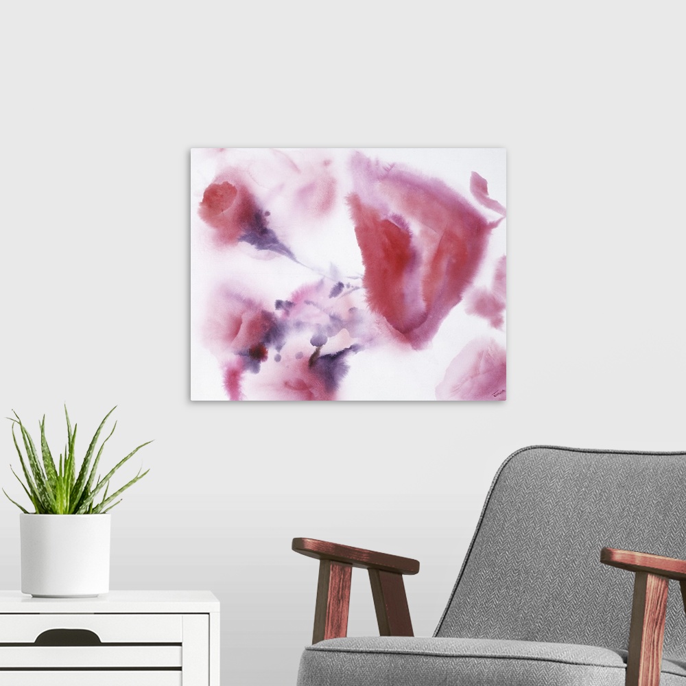 A modern room featuring A contemporary watercolor painting of fuchsia blooms with purple stems.
