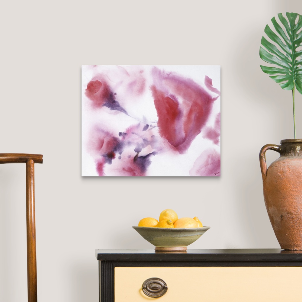 A traditional room featuring A contemporary watercolor painting of fuchsia blooms with purple stems.