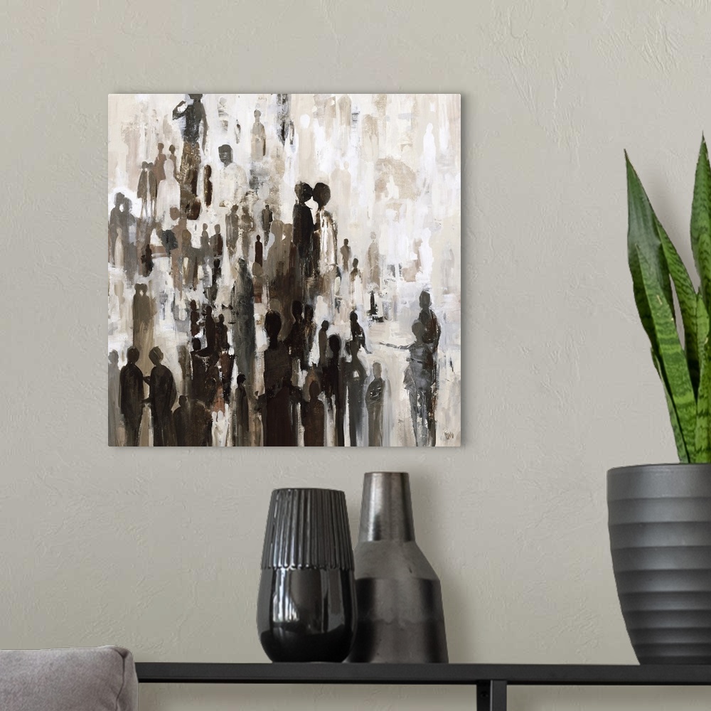 A modern room featuring Square abstract painting with silhouettes of people grouped together in shades of brown.