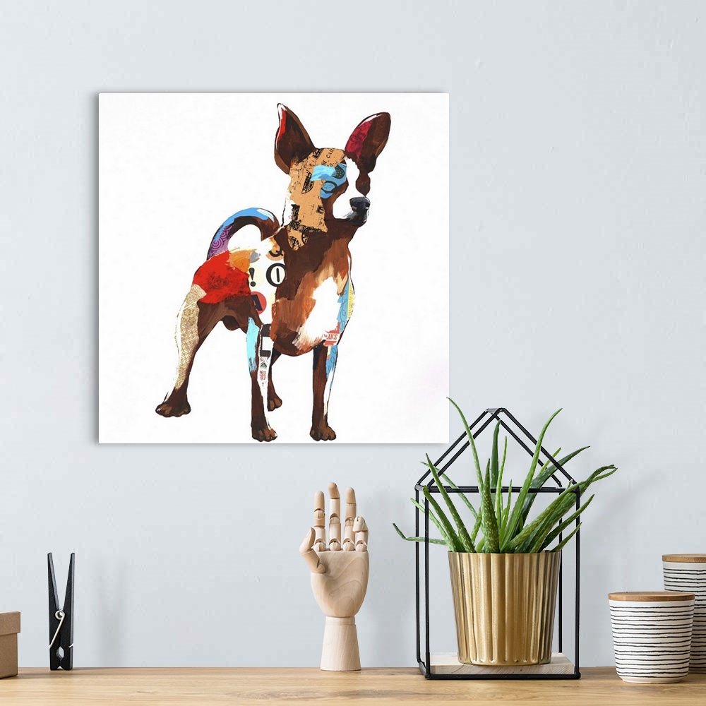 A bohemian room featuring Square art created with mixed media of a colorful chihuahua on a white background.