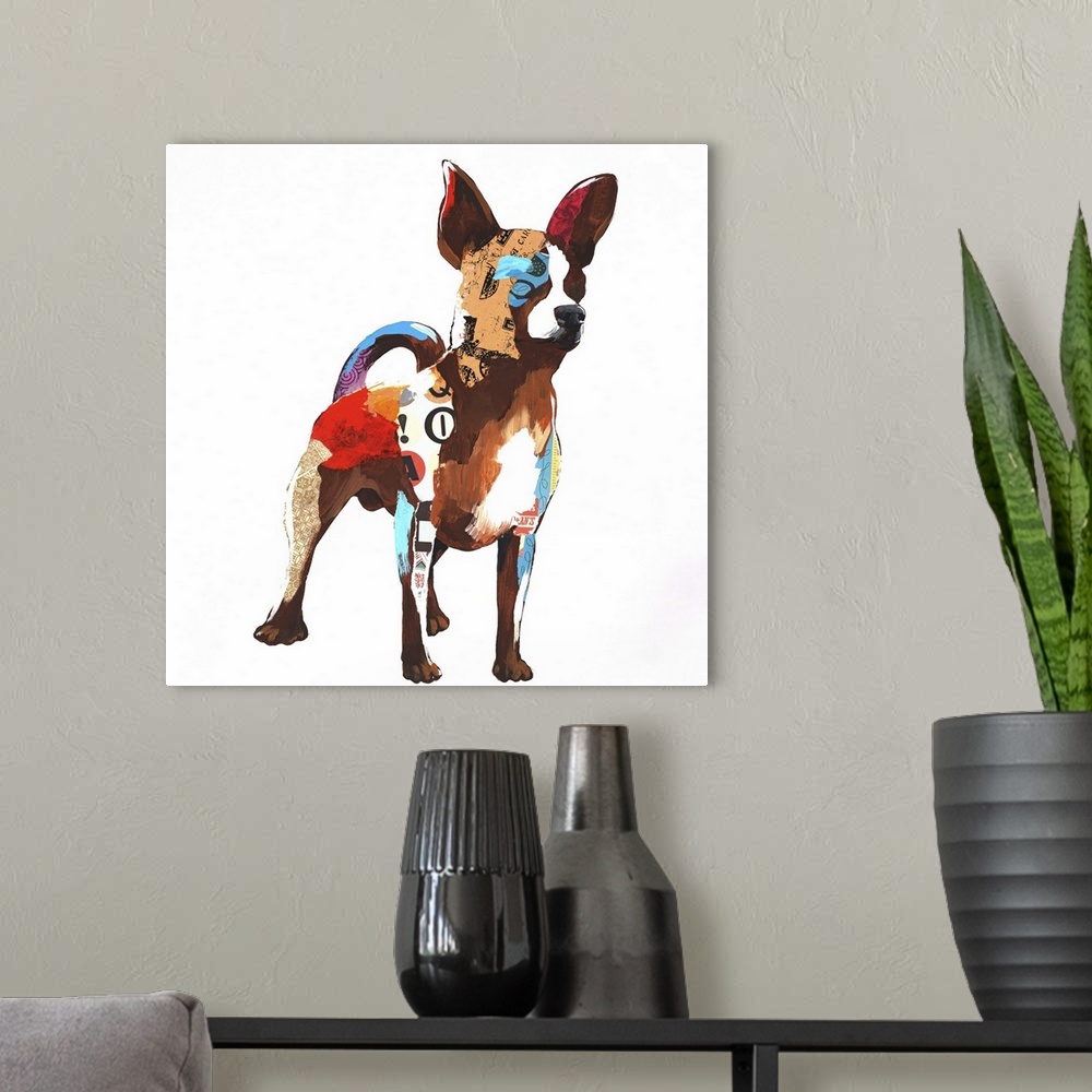 A modern room featuring Square art created with mixed media of a colorful chihuahua on a white background.
