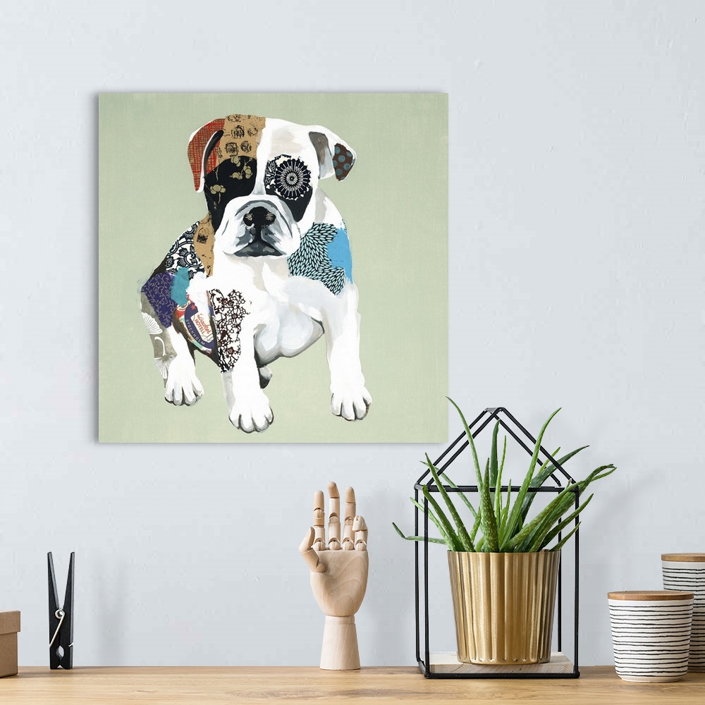 A bohemian room featuring Square art created with mixed media of a colorful bulldog puppy on a pastel green background.