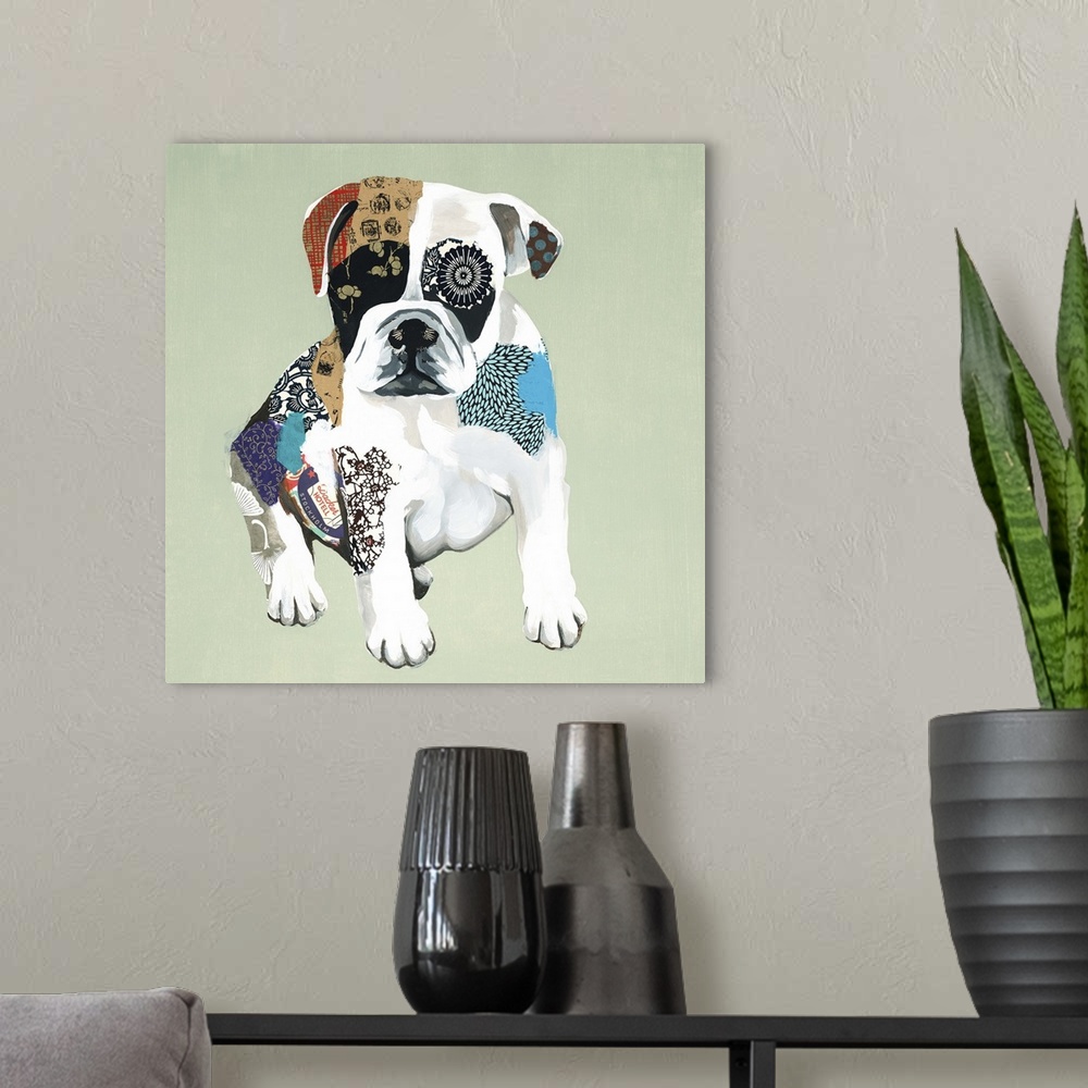 A modern room featuring Square art created with mixed media of a colorful bulldog puppy on a pastel green background.