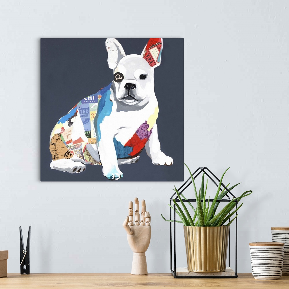 A bohemian room featuring Square art created with mixed media of a colorful dog on a dark blue background.