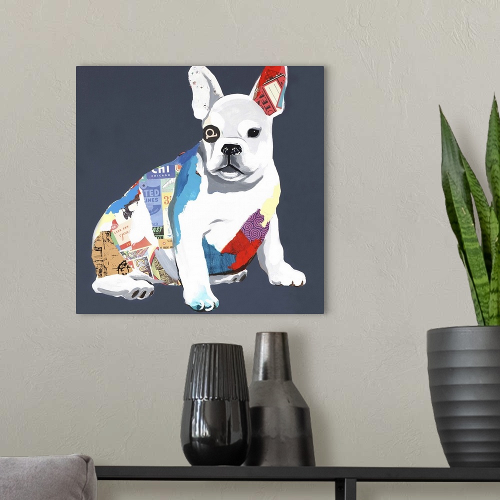 A modern room featuring Square art created with mixed media of a colorful dog on a dark blue background.