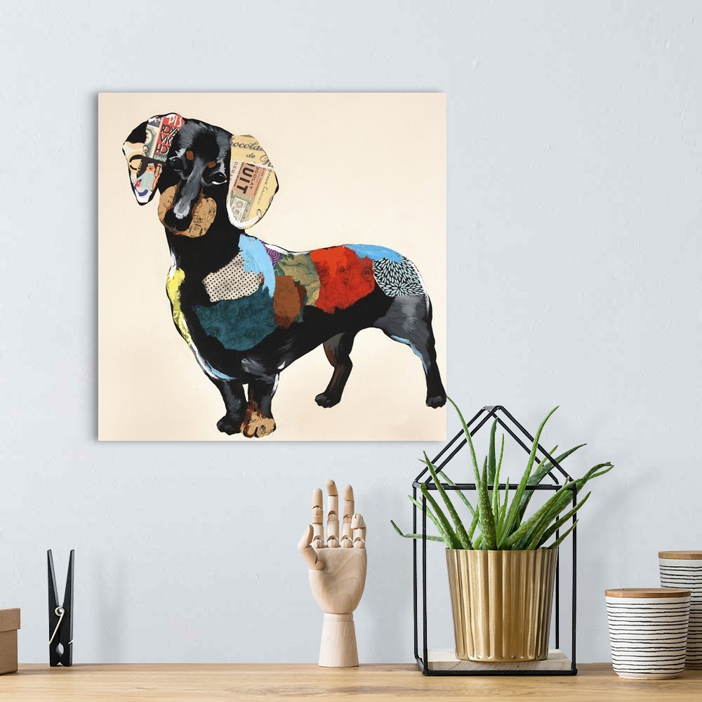 A bohemian room featuring Square art created with mixed media of a colorful dachshund on a neutral colored background.