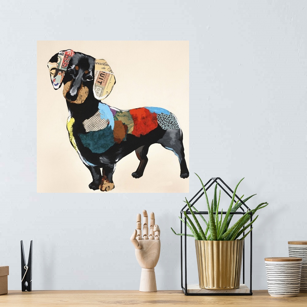 A bohemian room featuring Square art created with mixed media of a colorful dachshund on a neutral colored background.