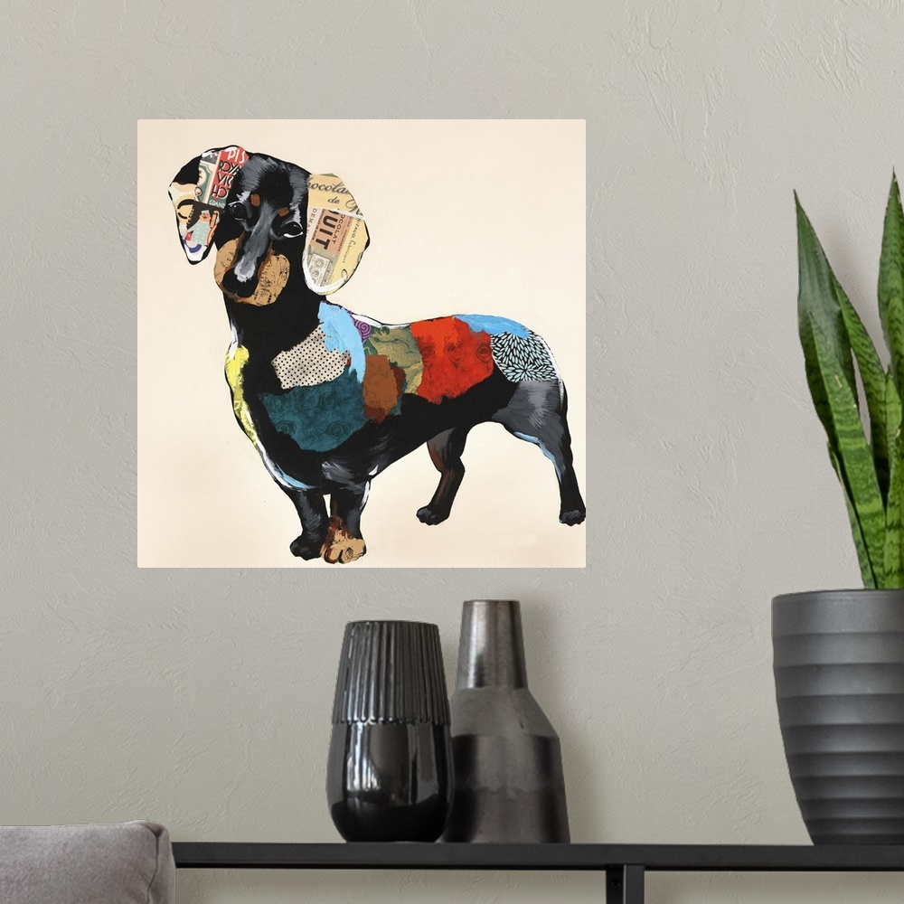 A modern room featuring Square art created with mixed media of a colorful dachshund on a neutral colored background.