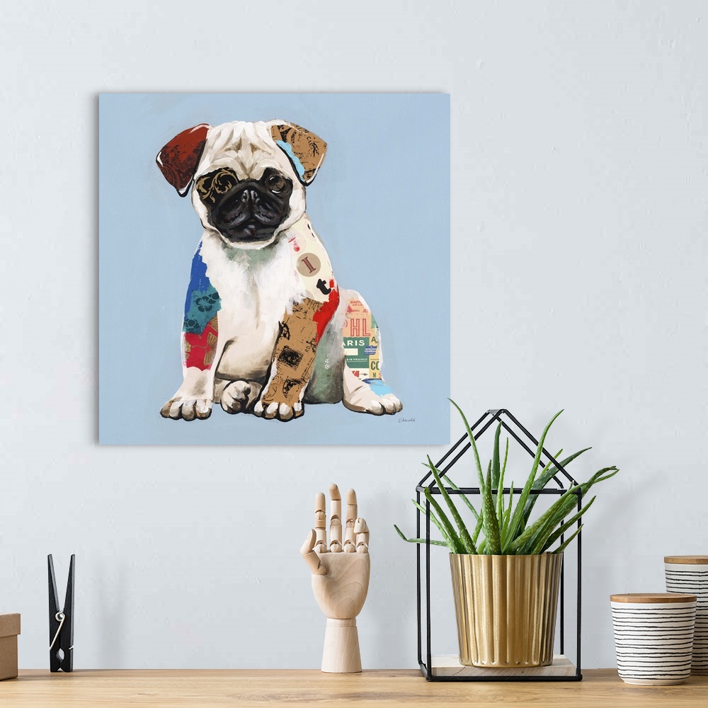 A bohemian room featuring Square art created with mixed media of a pug puppy on a light blue background.
