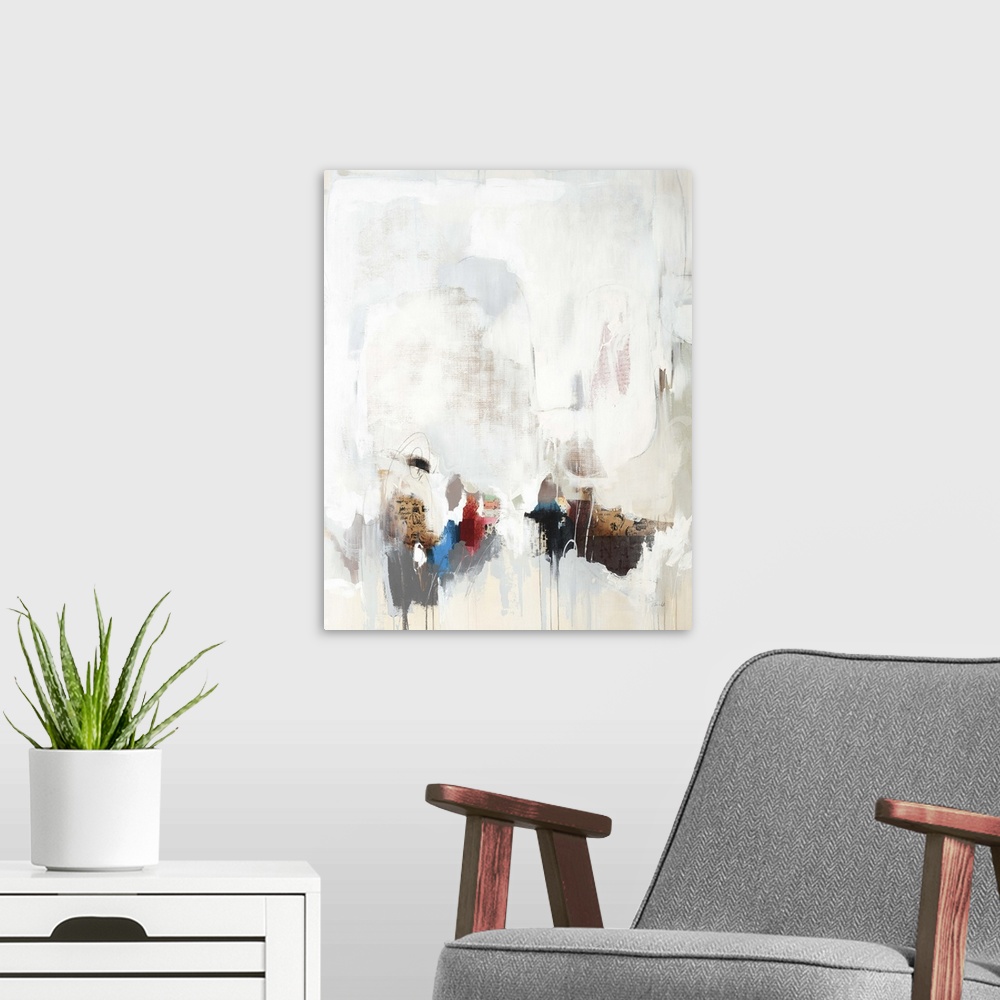 A modern room featuring Large abstract painting created with mixed media.