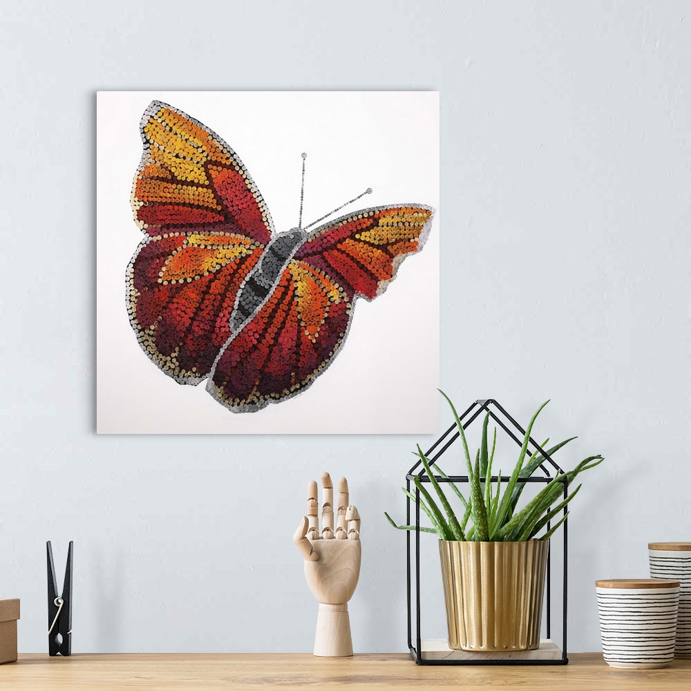 A bohemian room featuring Contemporary painting of a yellow and red transitioning butterfly against a white background.
