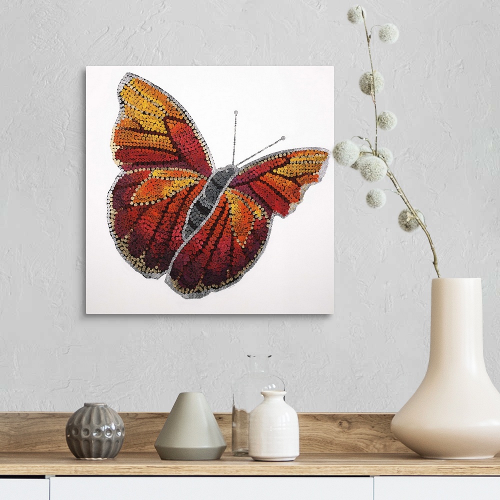 A farmhouse room featuring Contemporary painting of a yellow and red transitioning butterfly against a white background.