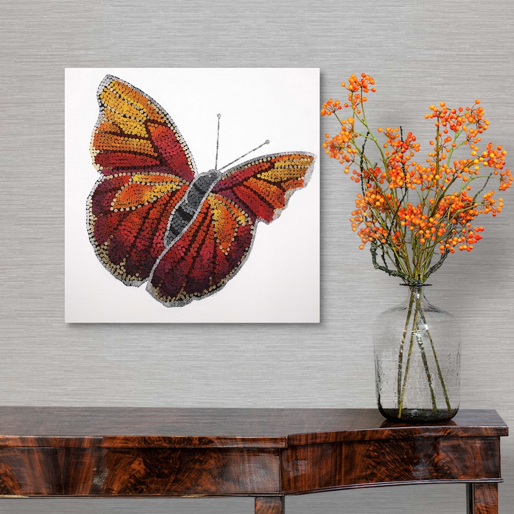 A traditional room featuring Contemporary painting of a yellow and red transitioning butterfly against a white background.
