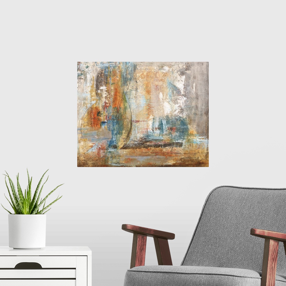 A modern room featuring Contemporary abstract painting in orange and blue.