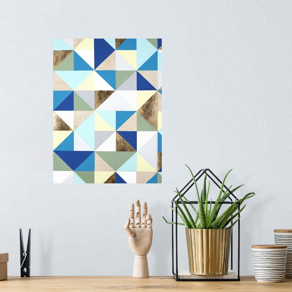A bohemian room featuring Abstract, colorful triangular pattern and square pattern.