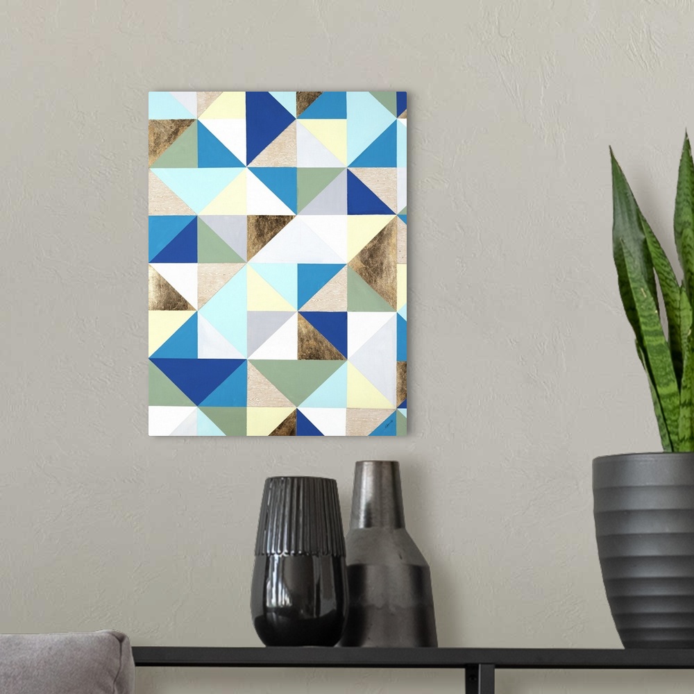 A modern room featuring Abstract, colorful triangular pattern and square pattern.