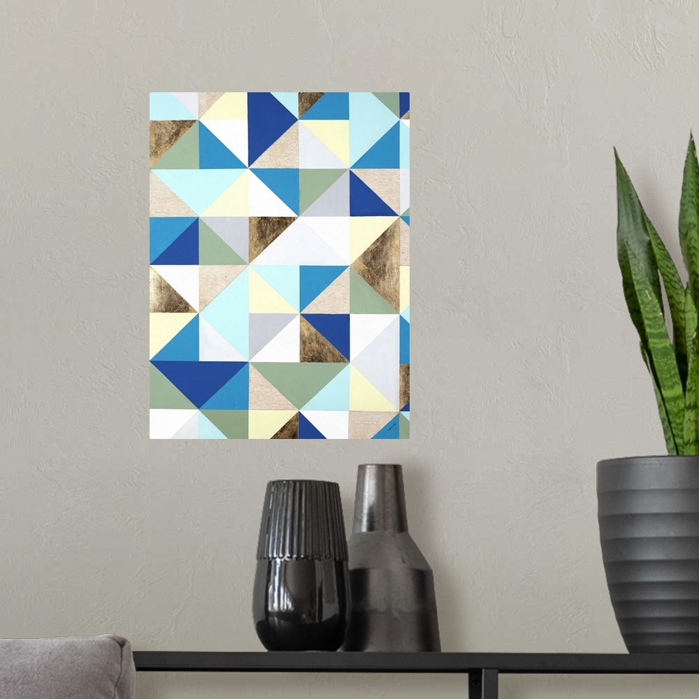 A modern room featuring Abstract, colorful triangular pattern and square pattern.