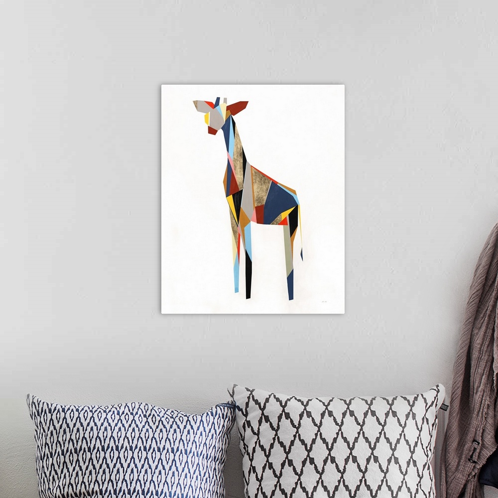 A bohemian room featuring Colorful abstract painting of a giraffe created with geometric shapes on a solid white background.