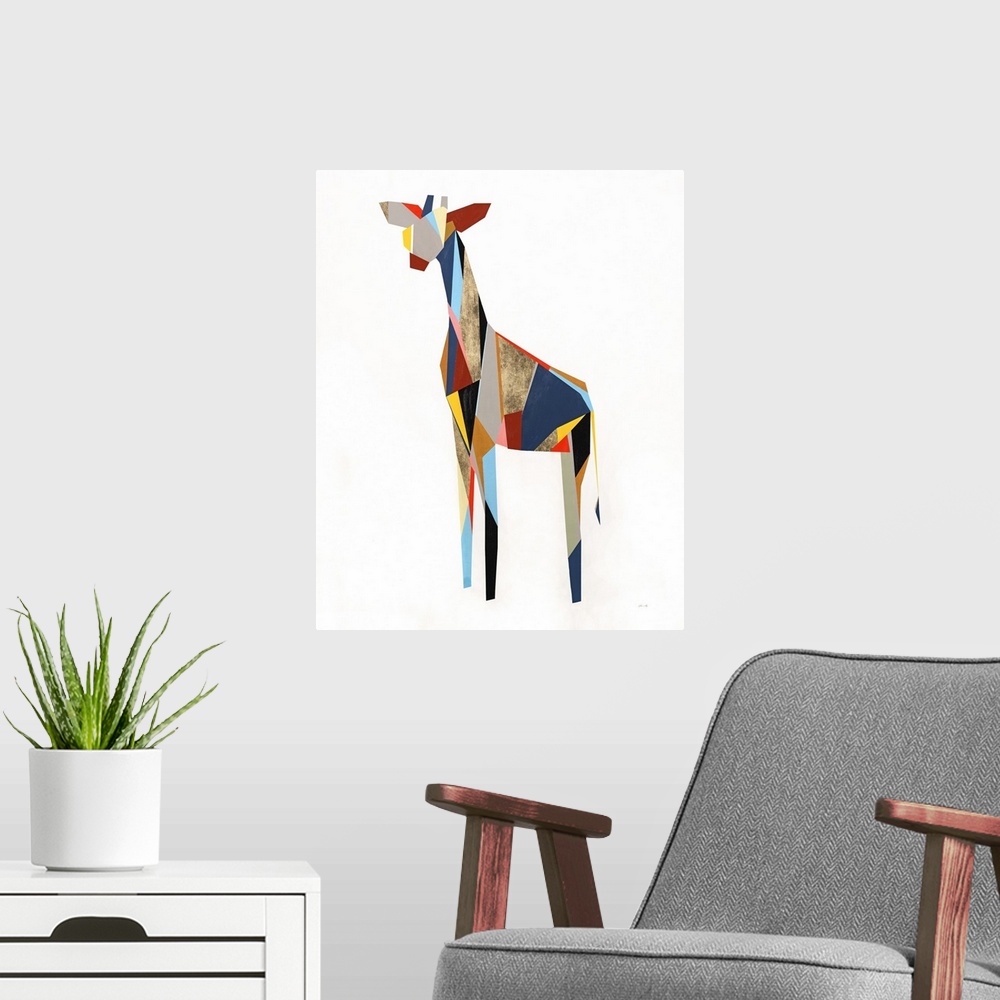 A modern room featuring Colorful abstract painting of a giraffe created with geometric shapes on a solid white background.