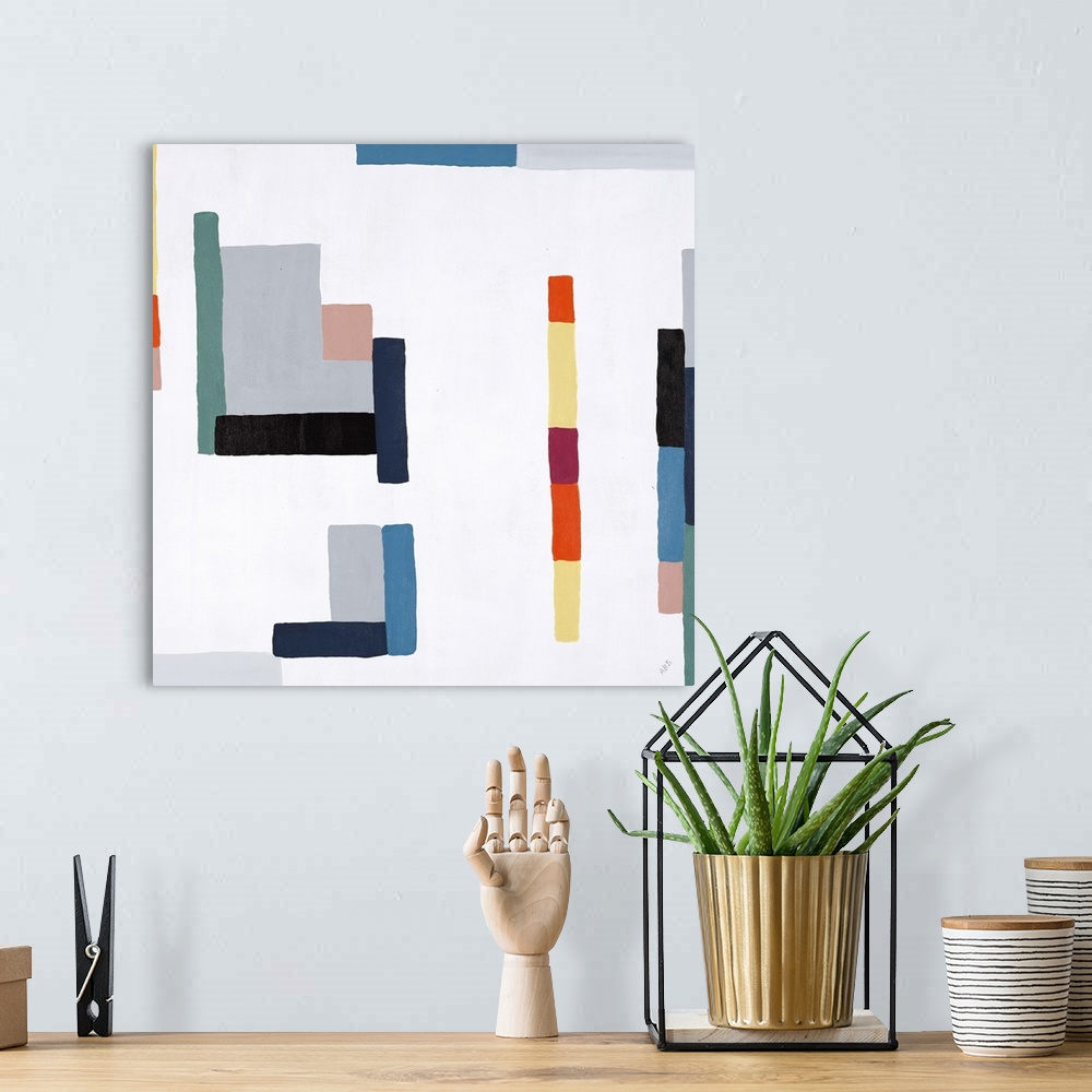 A bohemian room featuring Contemporary art of multicolored rectangles and squares of various sizes connecting in random pat...