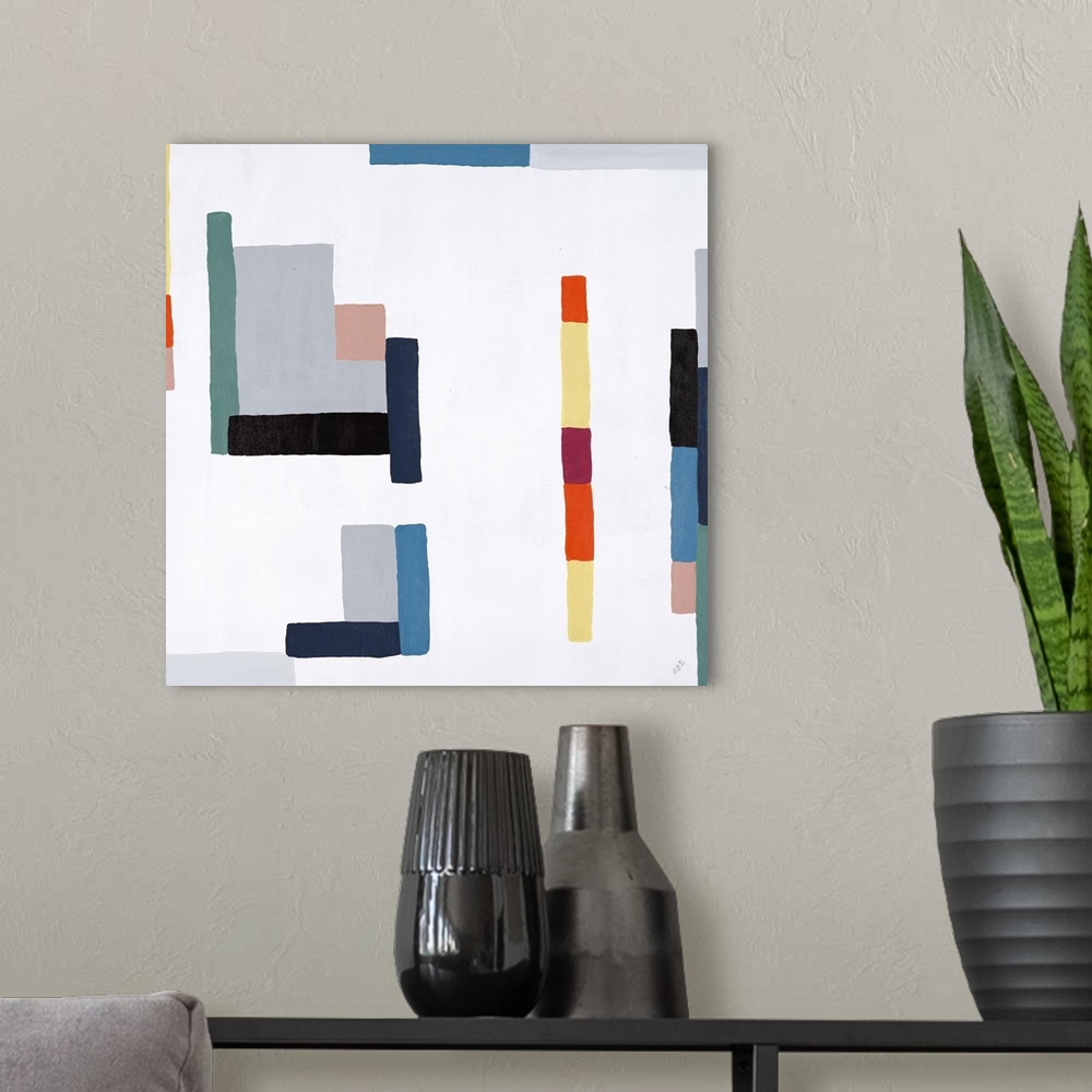 A modern room featuring Contemporary art of multicolored rectangles and squares of various sizes connecting in random pat...