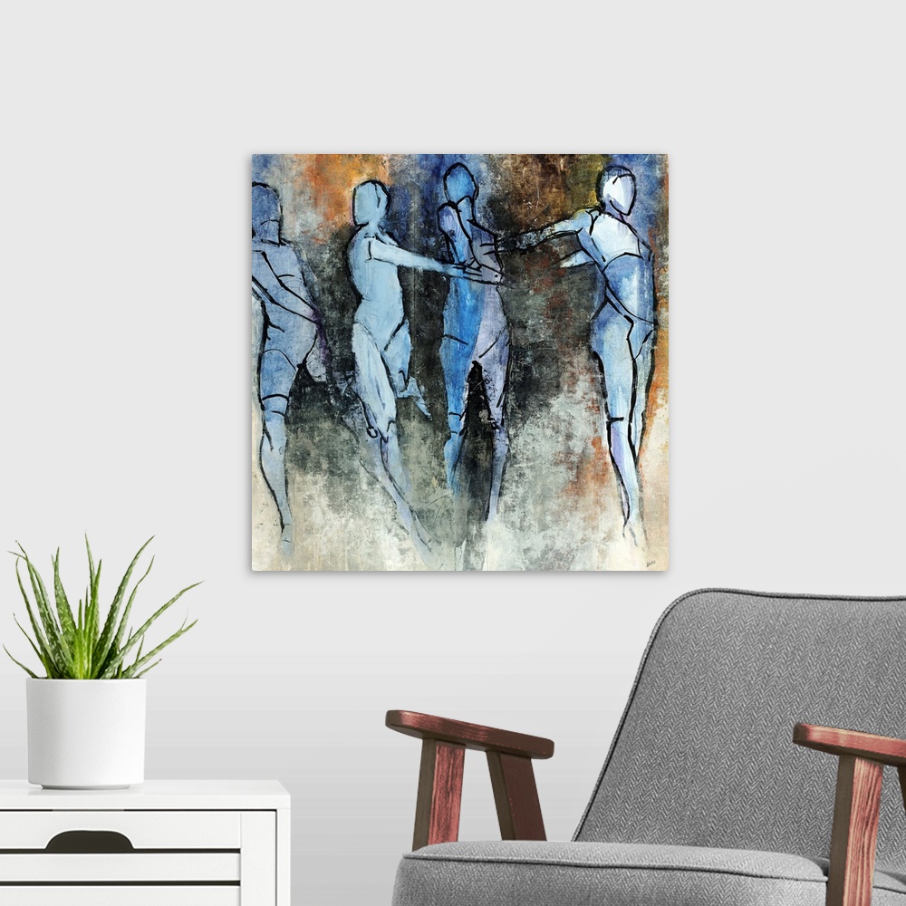 A modern room featuring Contemporary painting of four different versions of the basic human form in movement, on a multic...