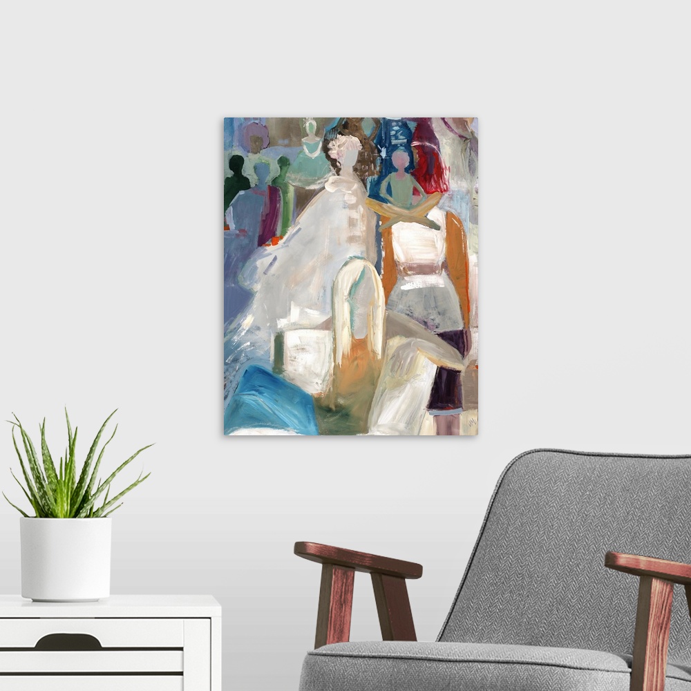 A modern room featuring Semi-abstract painting of several figures in a room.