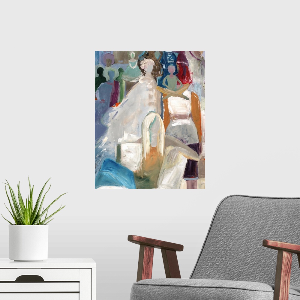 A modern room featuring Semi-abstract painting of several figures in a room.