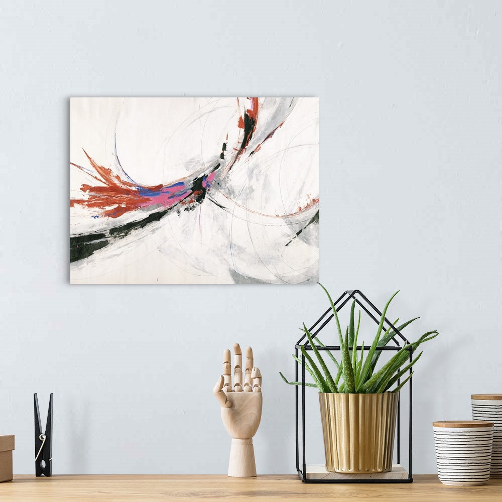 A bohemian room featuring Abstract art work with curves lines in pink, blue, black, and orange hues on a gray and white bac...