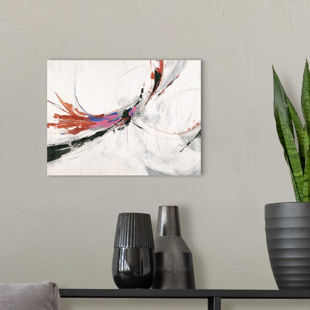 A modern room featuring Abstract art work with curves lines in pink, blue, black, and orange hues on a gray and white bac...