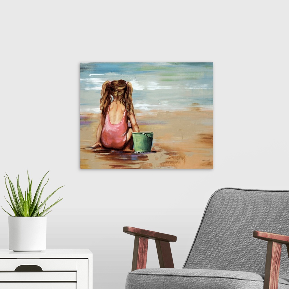 A modern room featuring Large, landscape figurative painting of a girl sitting on the beach, facing the water, in her swi...