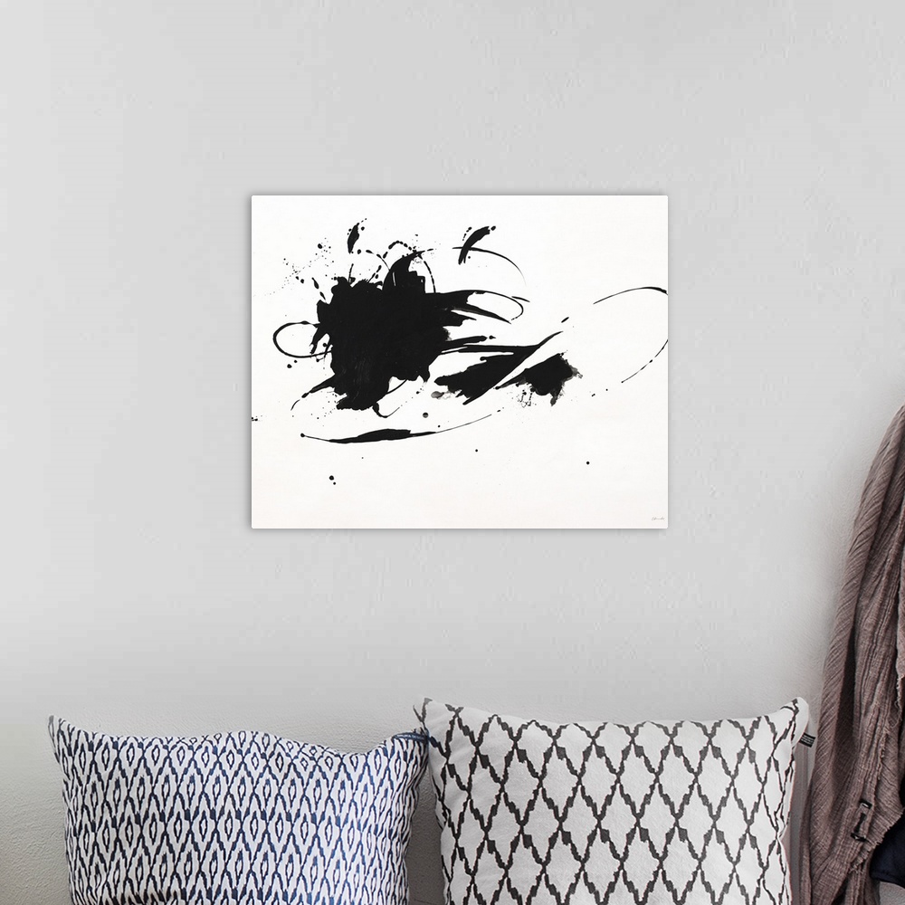 A bohemian room featuring Black and white minimalist painting of a hat with a large ribbon and flower.