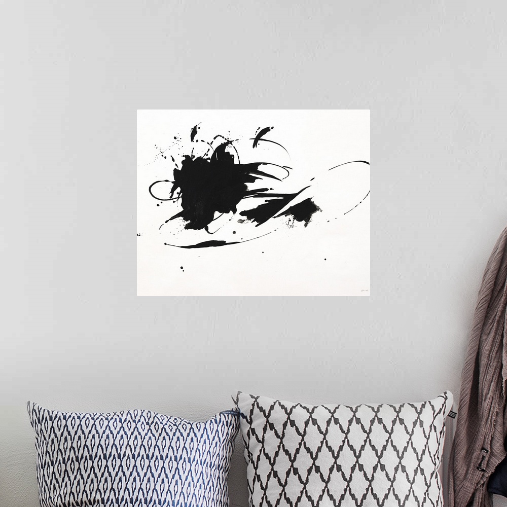 A bohemian room featuring Black and white minimalist painting of a hat with a large ribbon and flower.